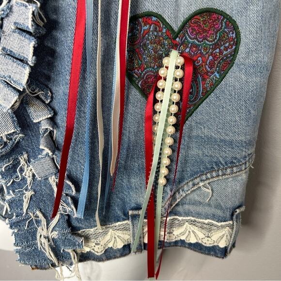 HANDMADE Vintage OOAK Upcycled Funky Unique Denim Vest Tassle Beaded Lace Fringe - Picture 4 of 11